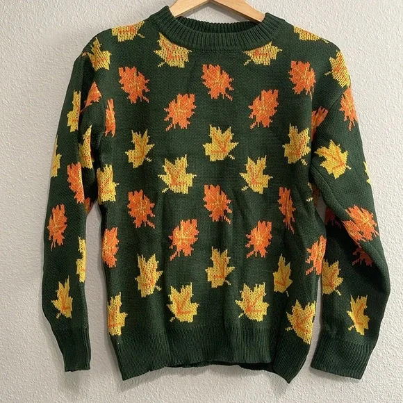 NEW Big Cozy Fall Leaf Sweater - KPJ Green Fall Leaf Knit - Women's Medium - Picture 11 of 12